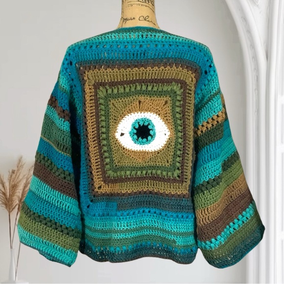 Handmade Crochet Evil Eye Sweater New handcrafted Bohemian Wide Sleeved - Picture 7 of 12